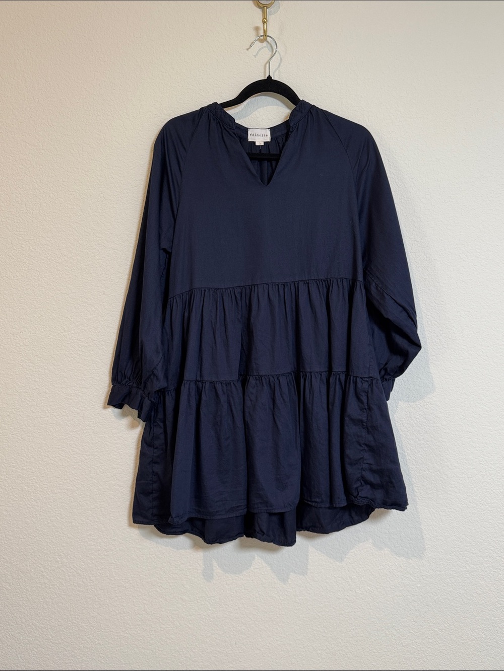 Felicite Navy Blue Cotton Tiered Long Sleeve Mini Dress Size Large